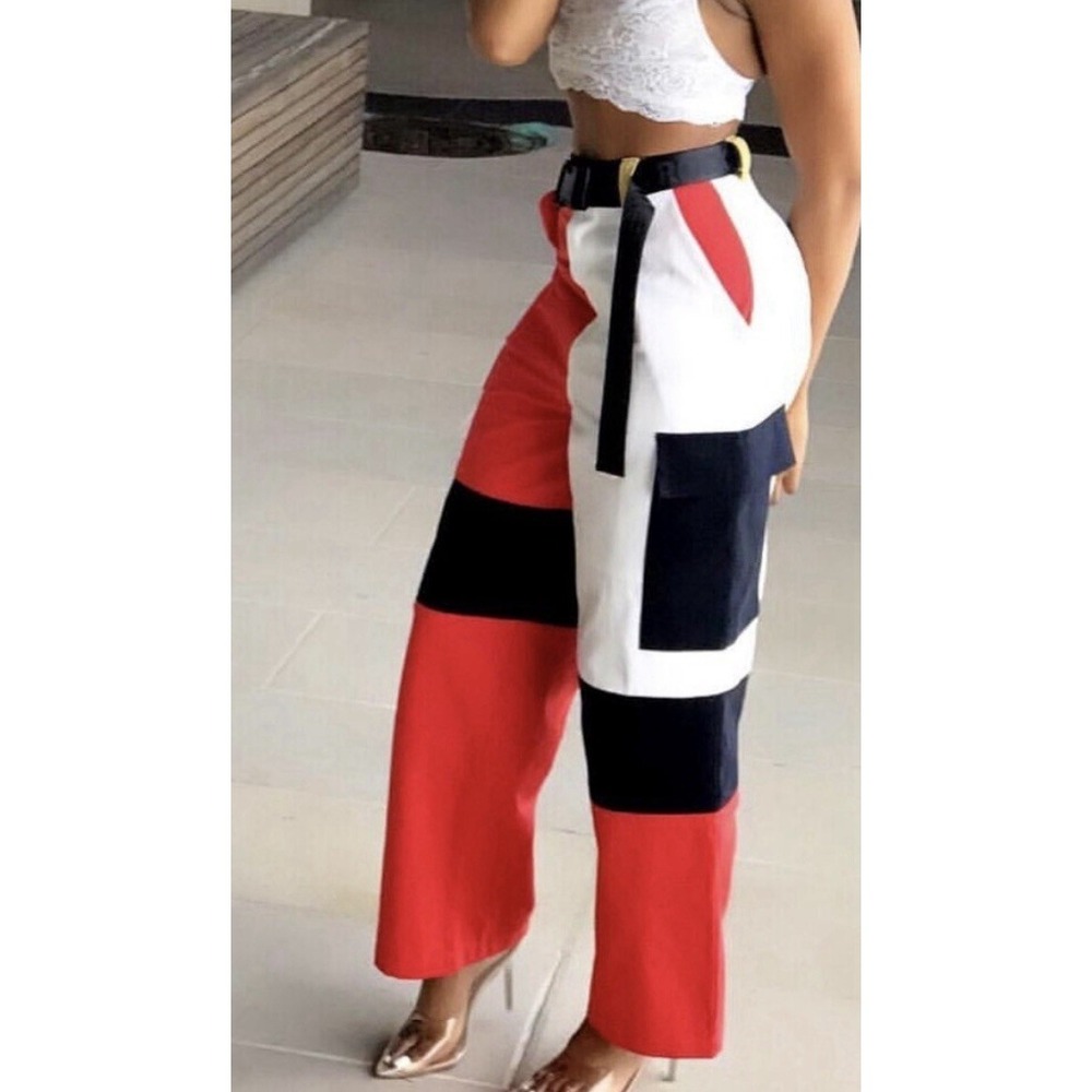 Mistress Rocks Color Block Wide Leg Belted Cargo Pants Red Black‎ Size Medium